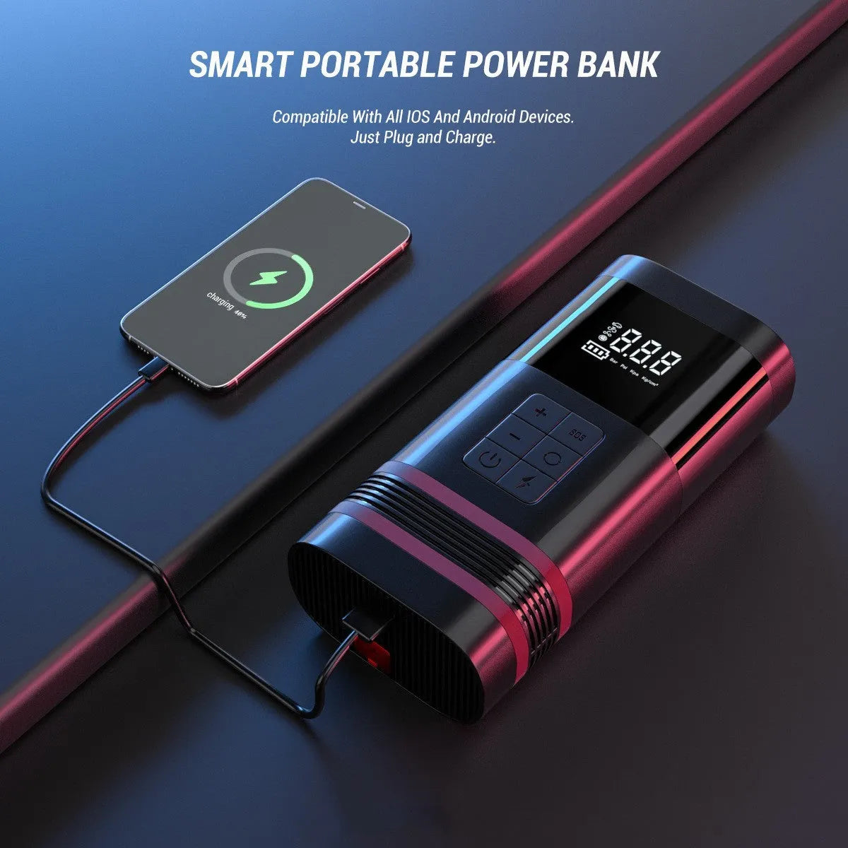 Black automobile emergency start power bank with 100W output for jump-starting vehicles