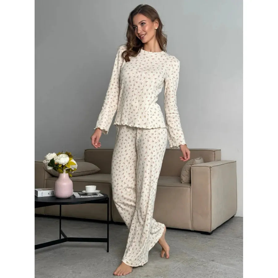 White floral print women's home wear suit with bell sleeves and wide-leg trousers