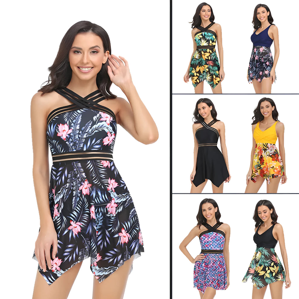 Women's one-piece swimsuit with a black detachable tulle skirt laid flat.
