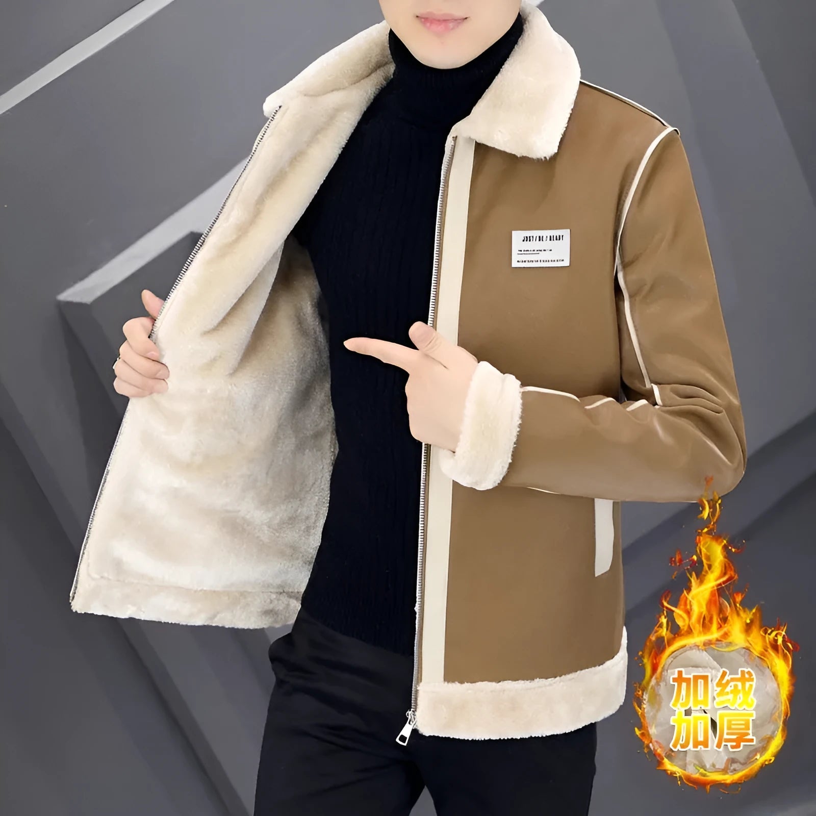 Men's corduroy winter coat with rabbit fur lining and suede leather accents, available in multiple colours and Asian sizes