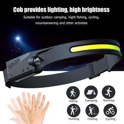 Rechargeable LED headlamp with wide-angle illumination, induction activation, and durable silicone construction for outdoor adventures.