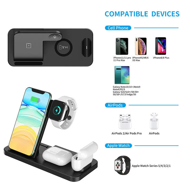 18W folding vertical 4-in-1 wireless charger in black or white, 200x145x22mm, 207g, plastic body