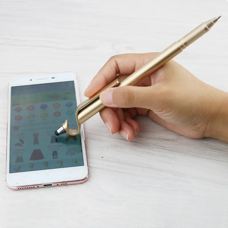Black and blue multifunctional touchscreen pen with built-in phone holder, showing 0.5mm tip.
