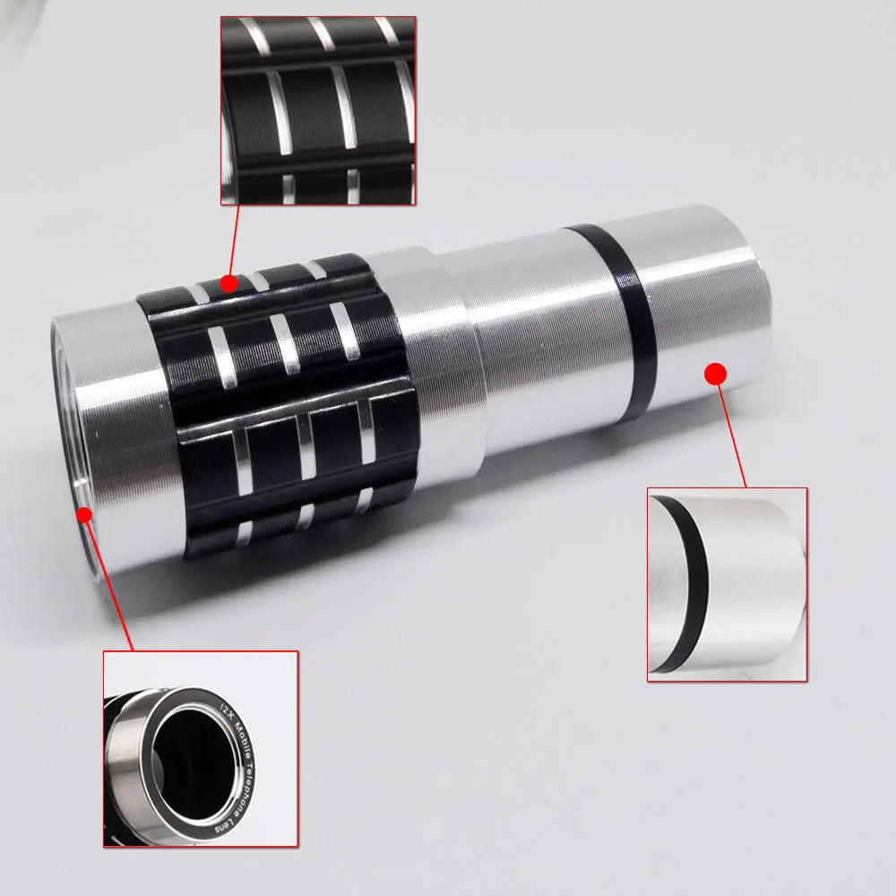 Silver telescopic telephoto lens with extended barrel next to a black universal clip for mounting on a mobile phone