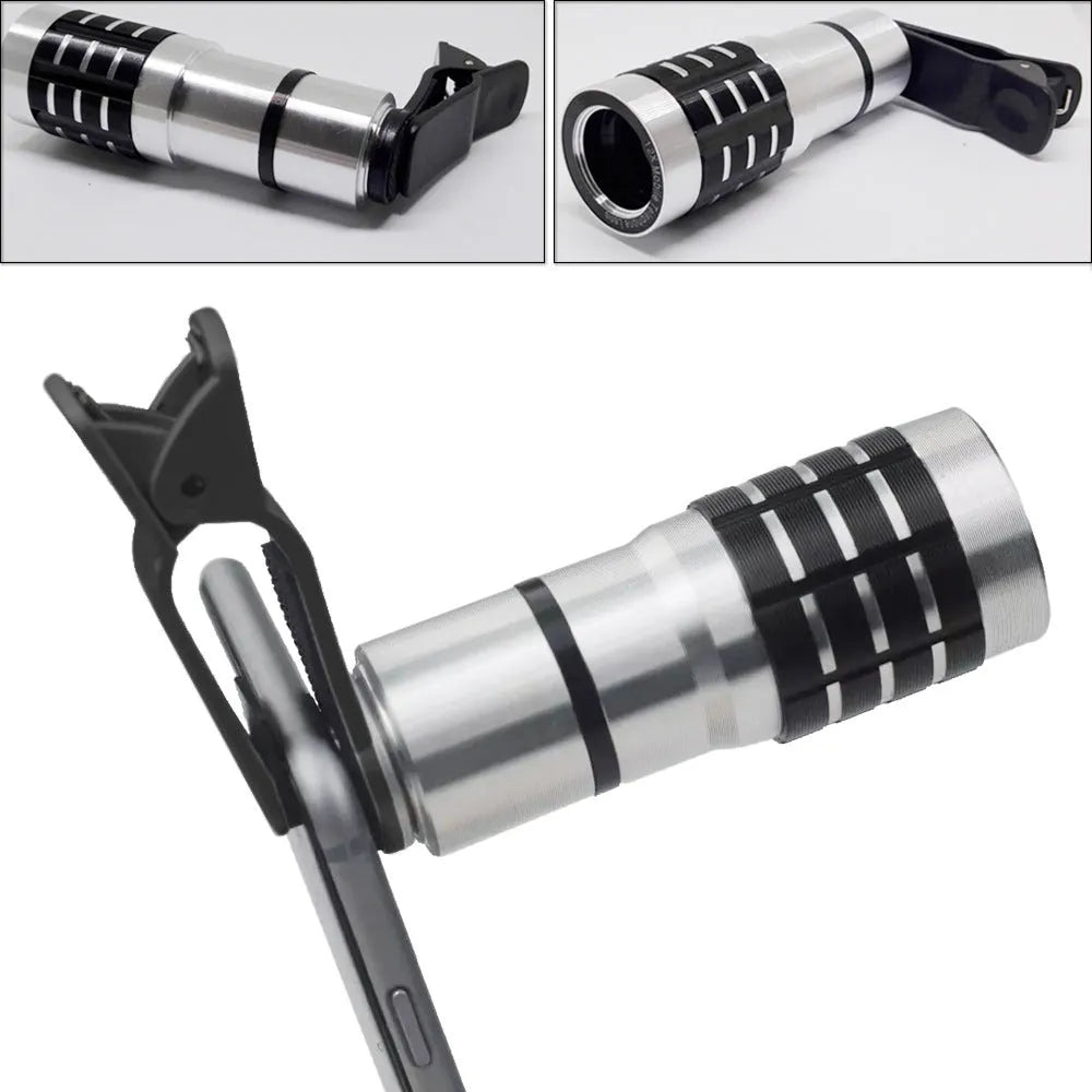 Silver telescopic telephoto lens with extended barrel next to a black universal clip for mounting on a mobile phone