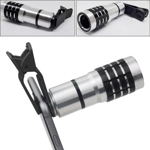 Silver telescopic telephoto lens with extended barrel next to a black universal clip for mounting on a mobile phone