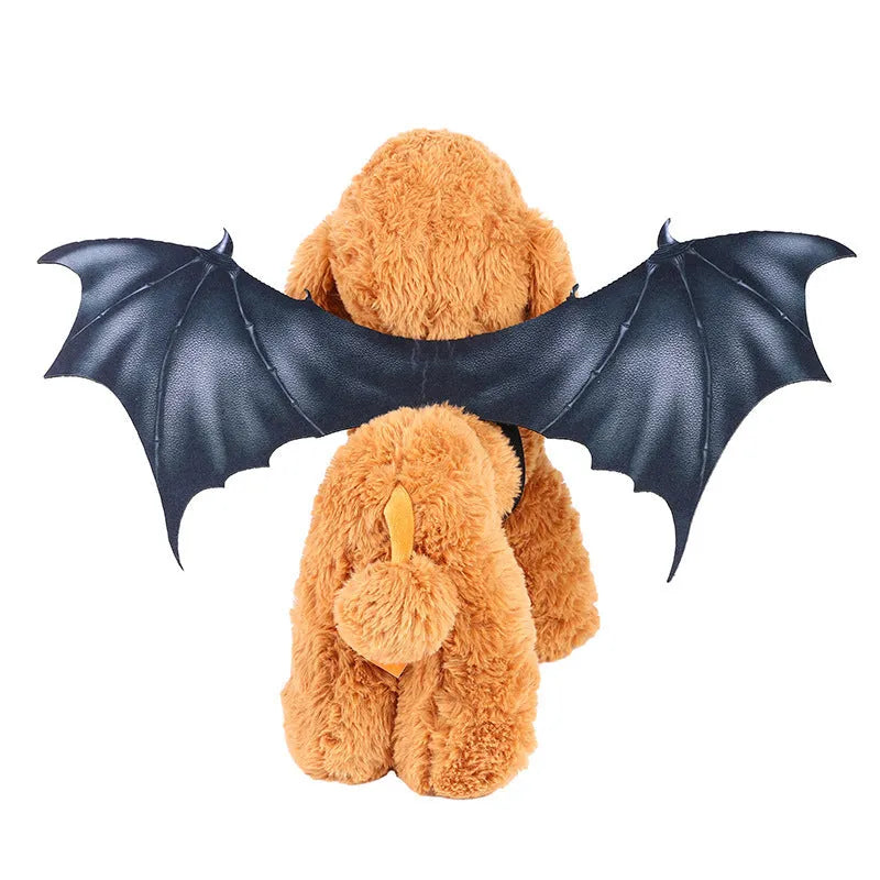 Black cloth bat wing costume for pets on a dog, showing three size options for Halloween.