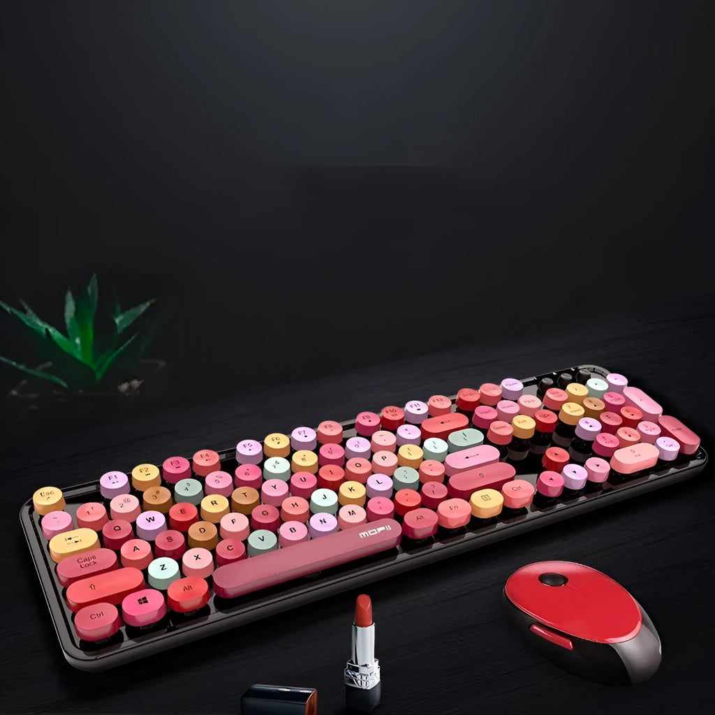 Wireless keyboard and mouse set in lipstick pink colour with USB receiver, multimedia keys, and 1600DPI optical mouse