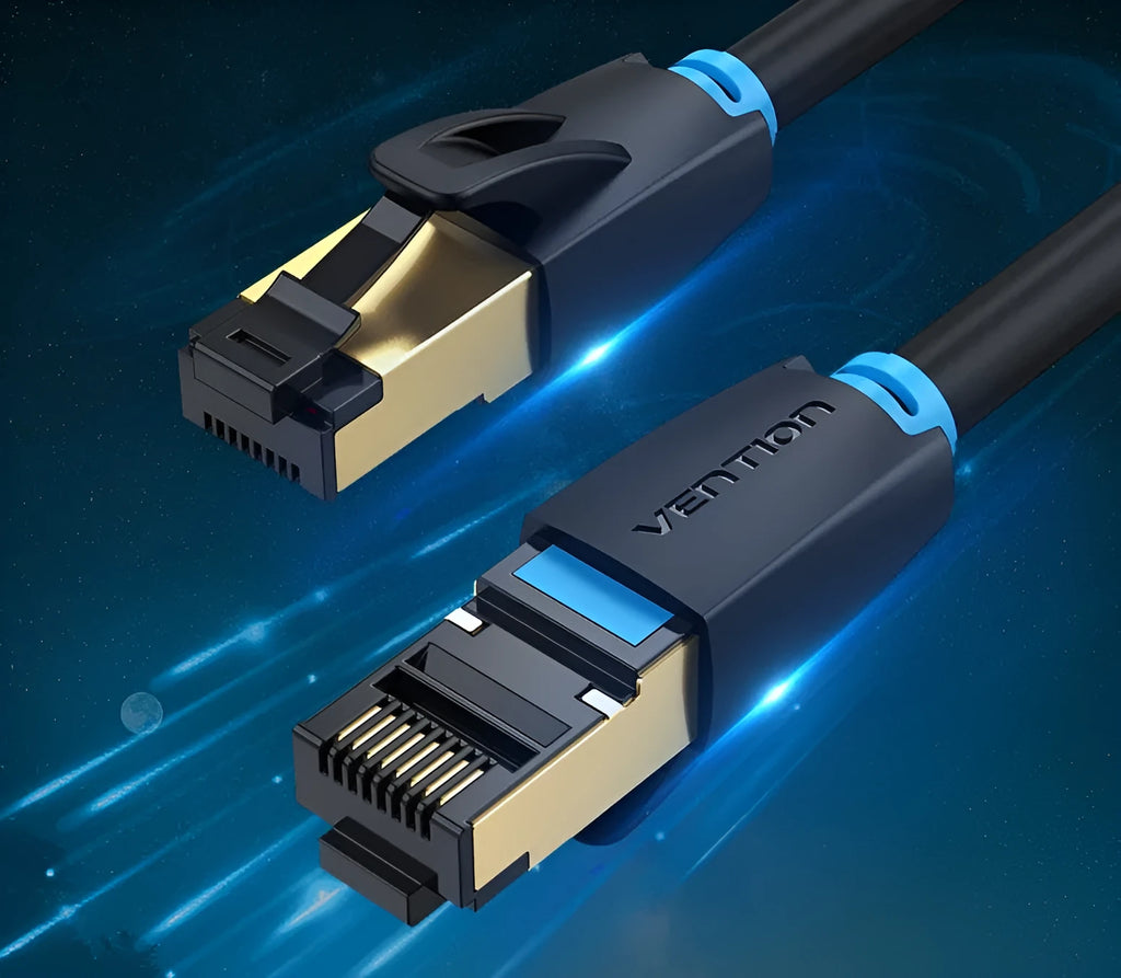 CAT8 network cable with RJ45 connectors, shown in flat and round style options.