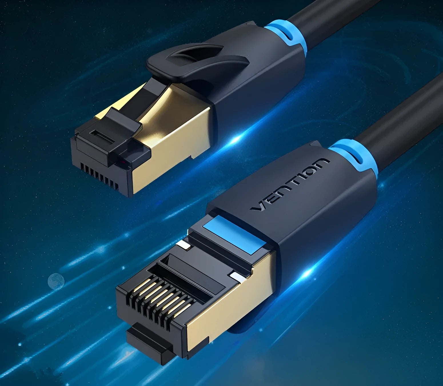 CAT8 network cable with RJ45 connectors, shown in flat and round style options.