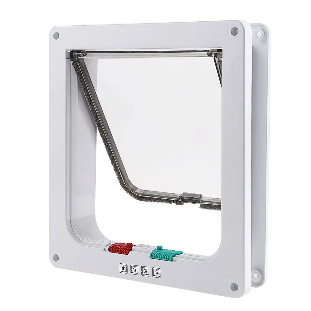 4 way lockable pet door in ABS plastic with anti-draught brush edge, for cats and small dogs, fits doors up to 50mm
