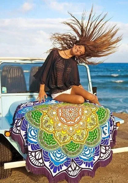 Round polygon printed tassel bath towel yoga mat in blue with 150cm diameter