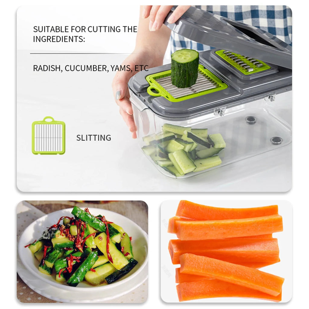 Grey multifunctional vegetable cutter with stainless steel blades and ABS body, foldable design, water filter basket, 26x15.5x14.5 cm