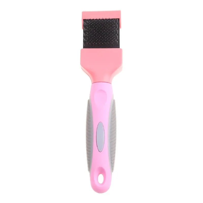 Double-sided pet grooming brush with stainless steel pins in blue or pink colour options