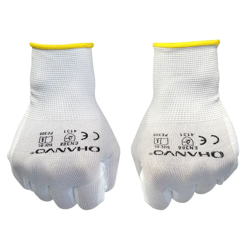 White PU coated work gloves showing palm grip texture, available in L and M sizes