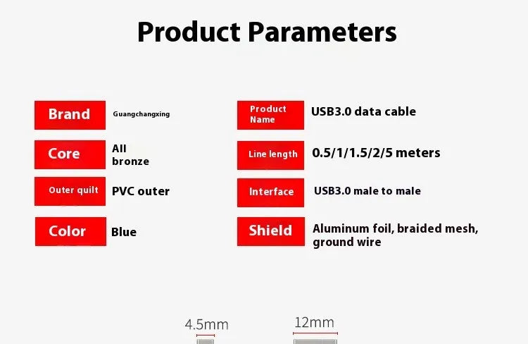 USB 3.0 data cable for hard disk box connections with nickel-plated connectors