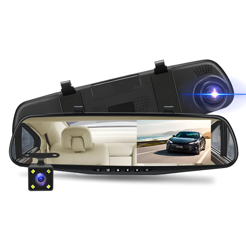 Black car driving recorder with 4.3-inch screen and 170° wide-angle lens mounted on a rearview mirror
