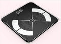 Digital bathroom scale with tempered glass platform, LCD display, and colour options in black, pink, and rose gold.