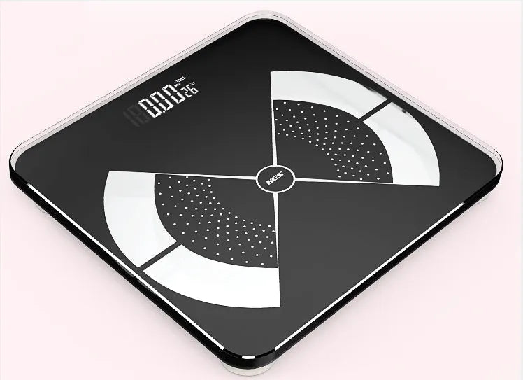 Digital bathroom scale with tempered glass platform, LCD display, and colour options in black, pink, and rose gold.