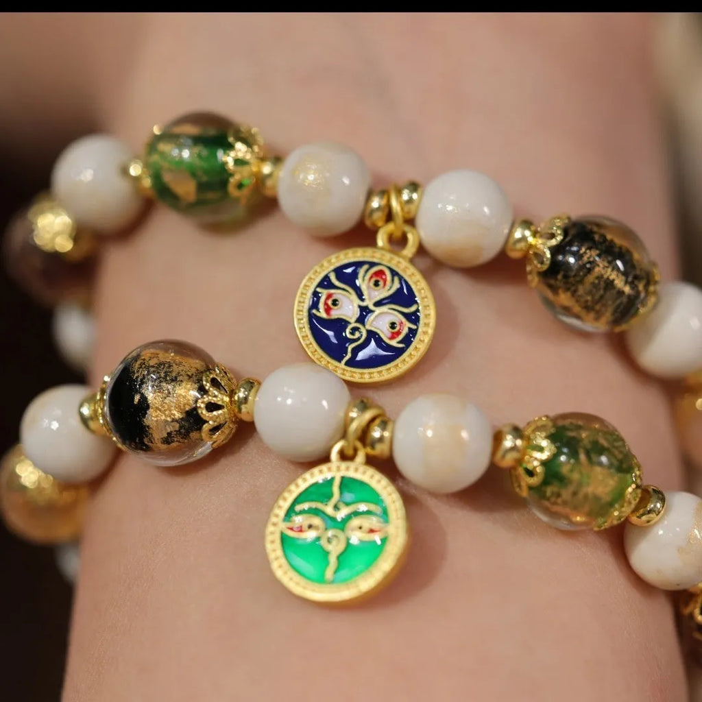 Handmade coloured glaze glass bracelet with Five Gods of Wealth geometric design in blue, green, red, white, or yellow.