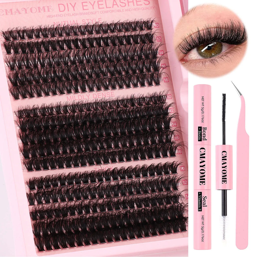 DIY false eyelash extension suit with cluster lashes and tweezers