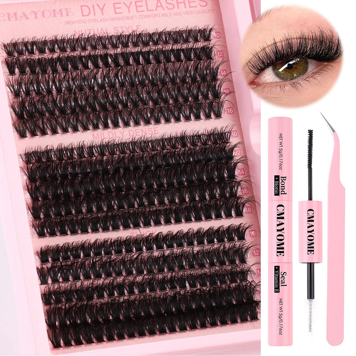 DIY false eyelash extension suit with cluster lashes and tweezers