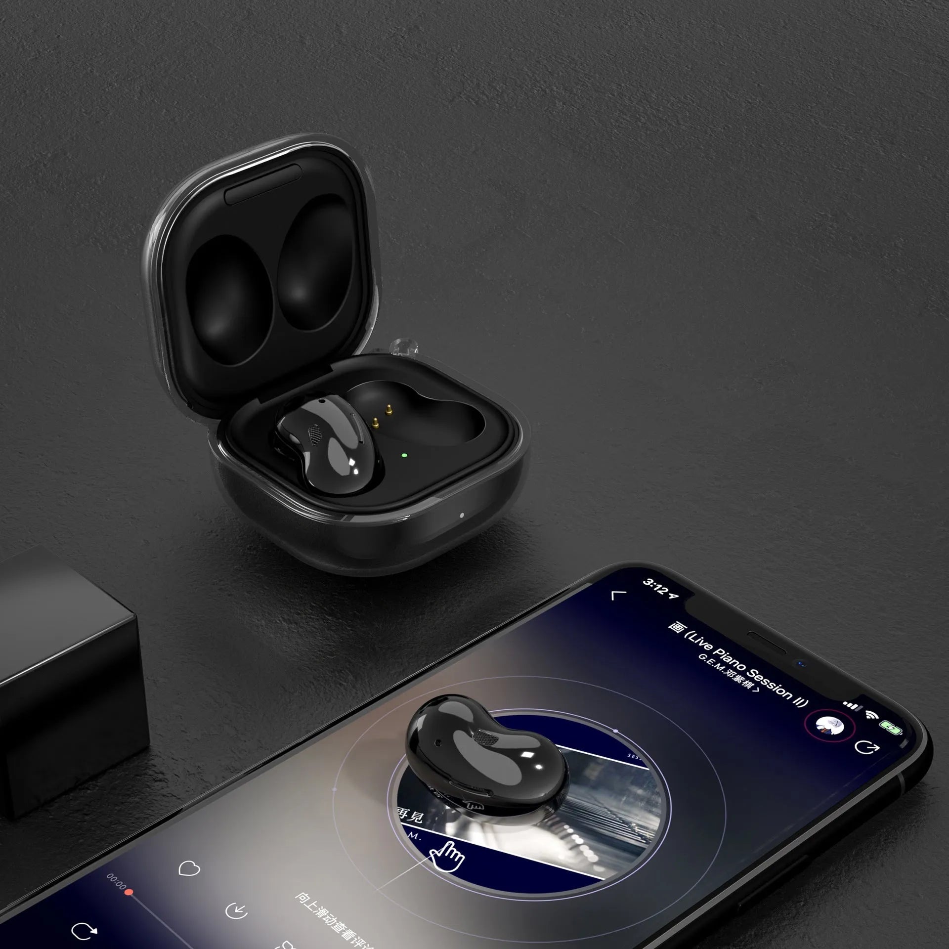 Bluetooth transparent ear case with clamshell design showing translucent colour options