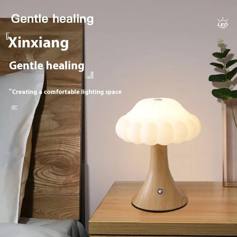 Mushroom-shaped touch lamp with USB charging port in cream colour