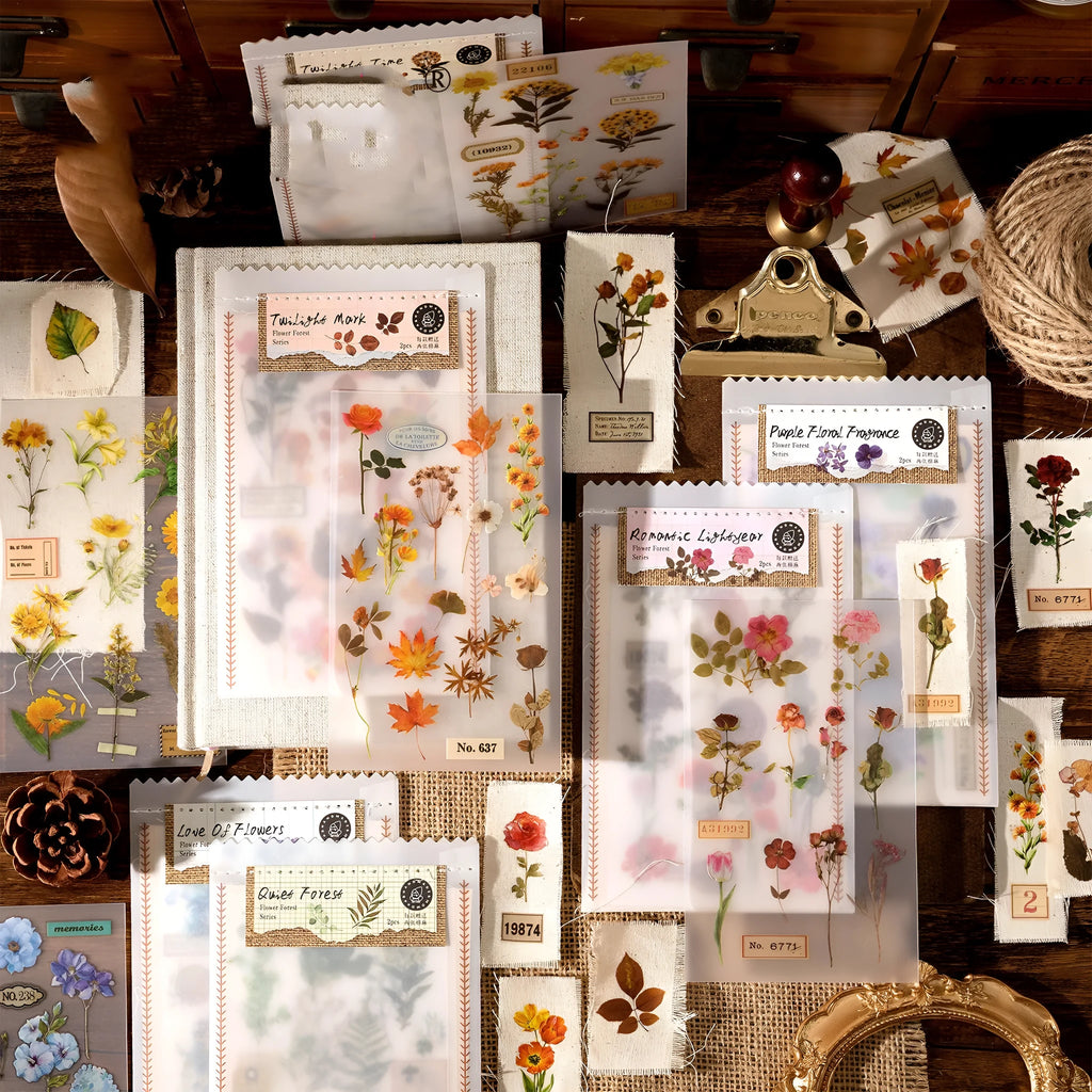 A5 forest art sticker set showing six colour designs on cotton linen transfer paper