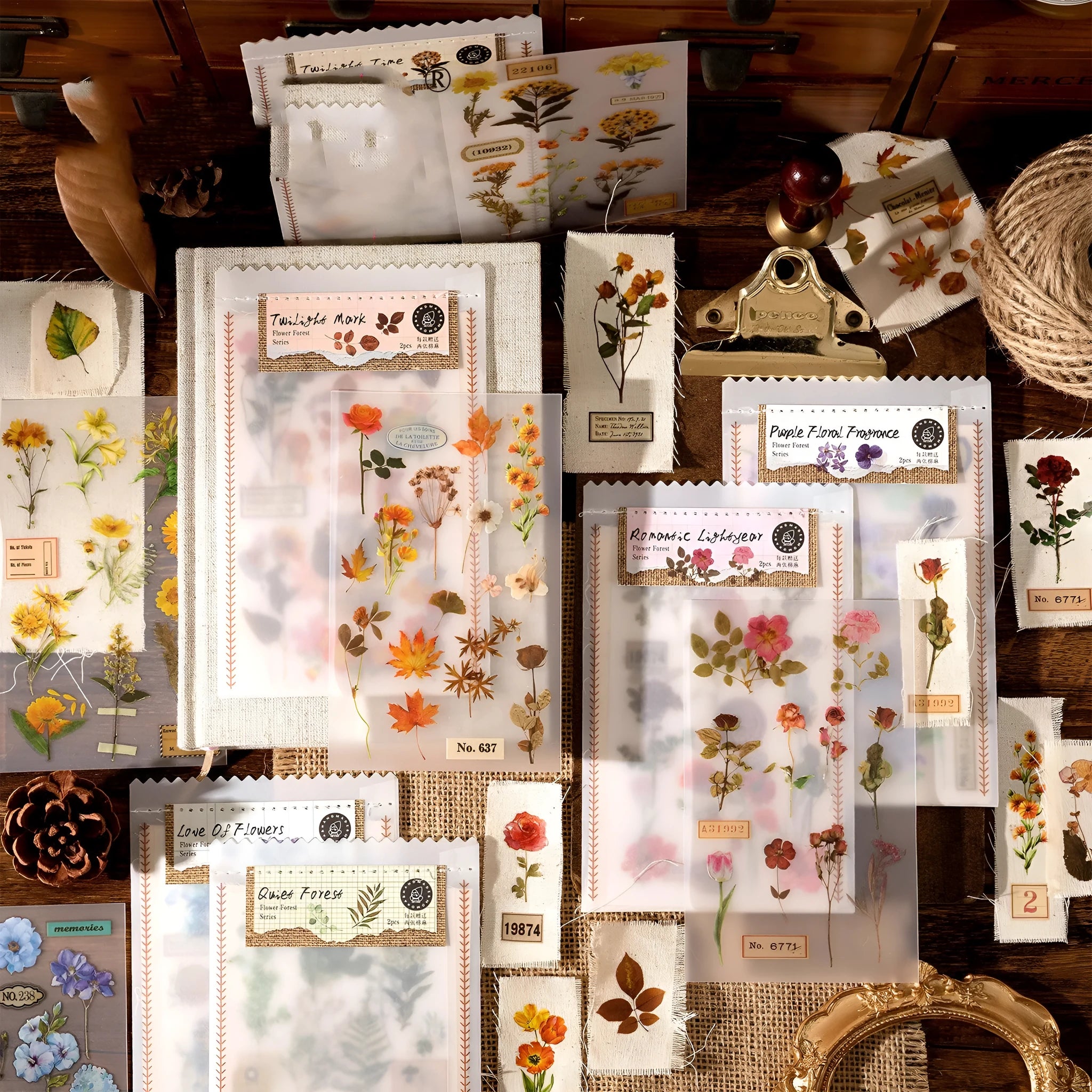 A5 forest art sticker set showing six colour designs on cotton linen transfer paper
