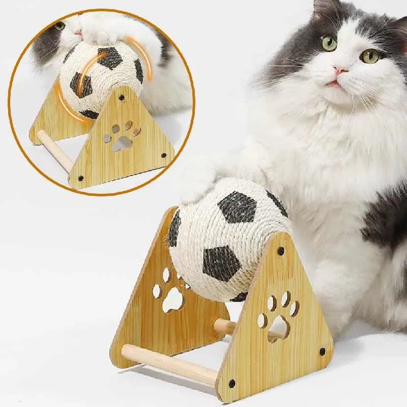 Vertical wooden cat scratch board with sisal rope surface in football style for claw grinding