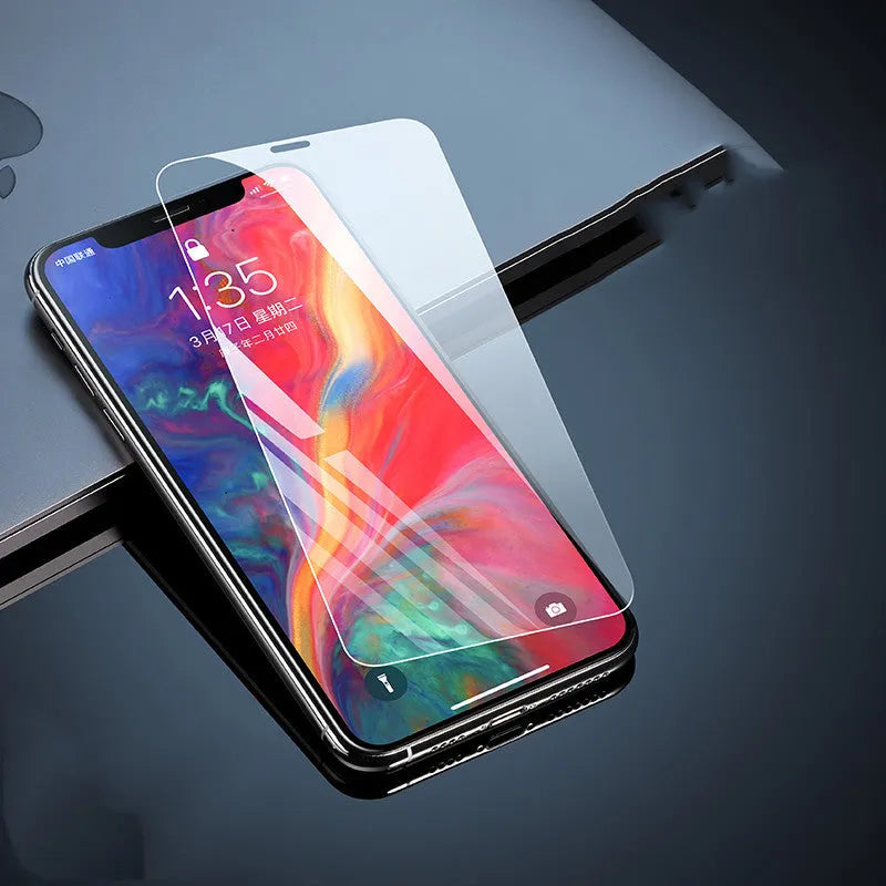 iPhone tempered glass screen protector with anti-fingerprint coating and film applicator