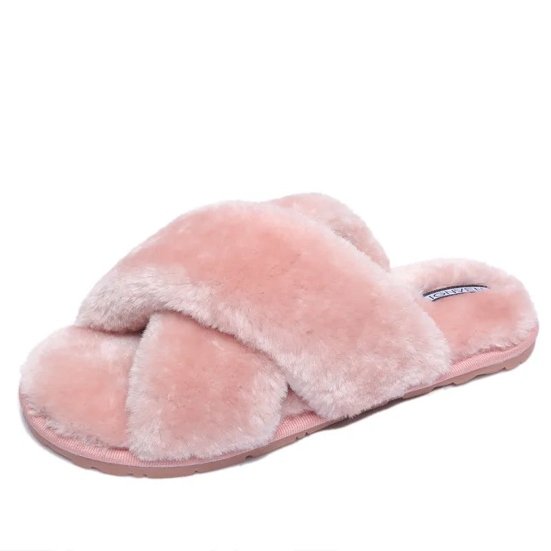 Cross open-toe fur slippers in multiple colours showing the patterned non-slip sole and anatomical heel design.