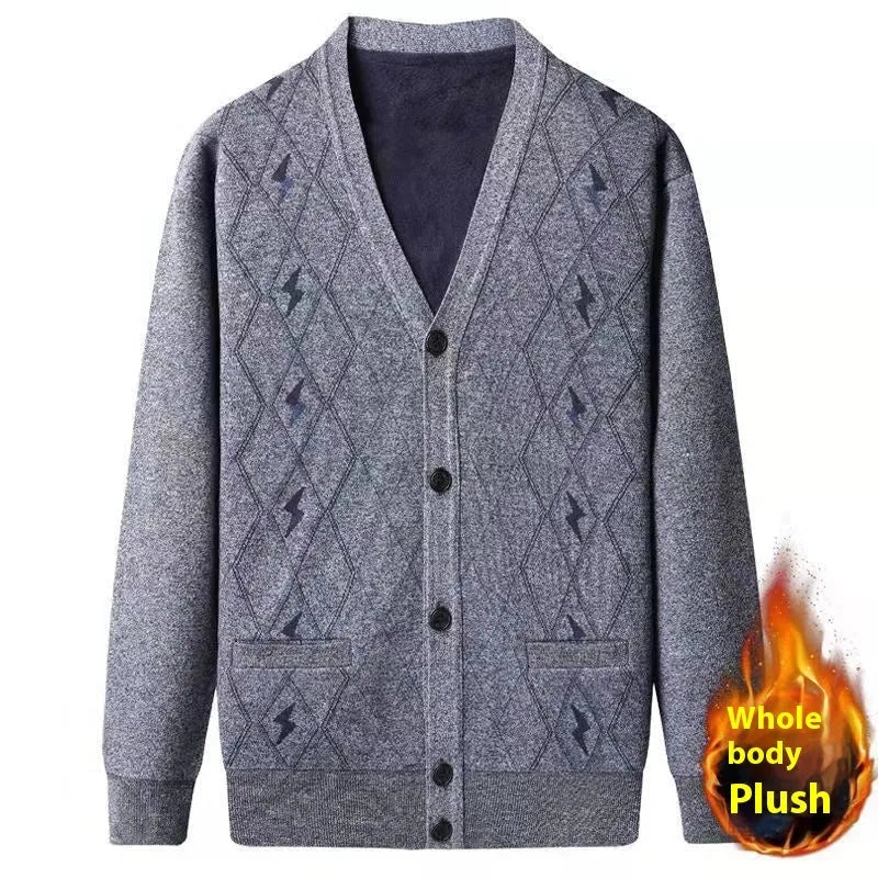 Men's grey batwing sleeve cardigan with wool lining shown on a hanger.