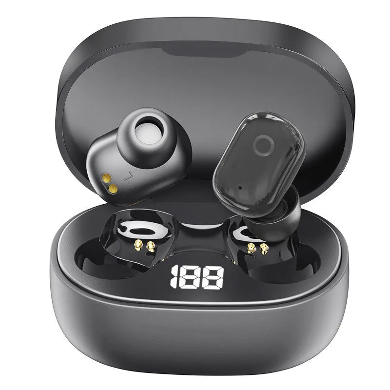 Bluetooth headset with charging box showing true power display LED window in white colour