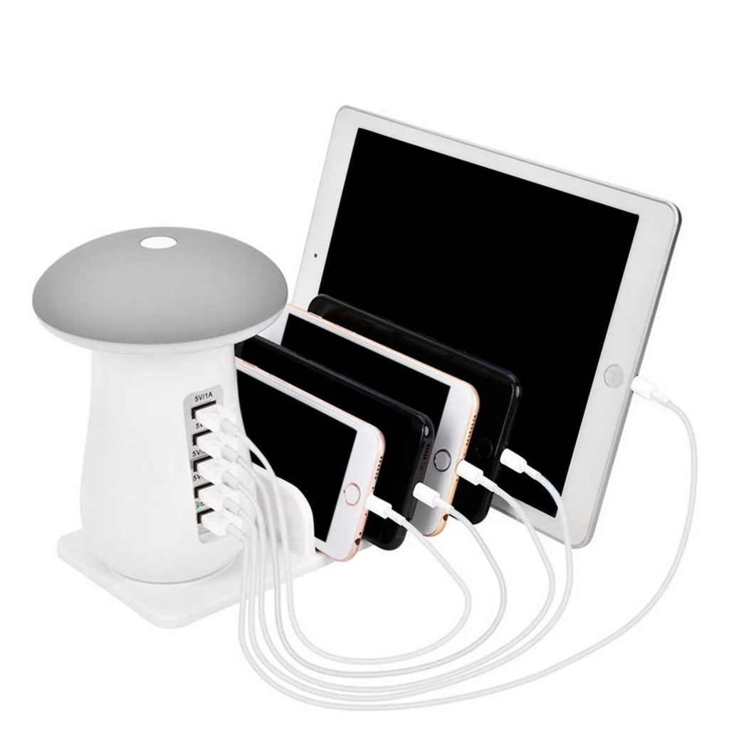 Besegad 5-port USB charging station with mushroom-shaped LED night light on desk