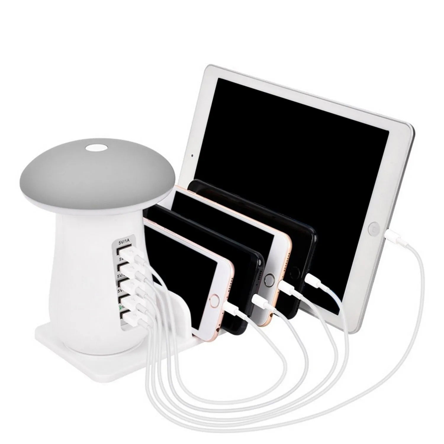 Besegad 5-port USB charging station with mushroom-shaped LED night light on desk