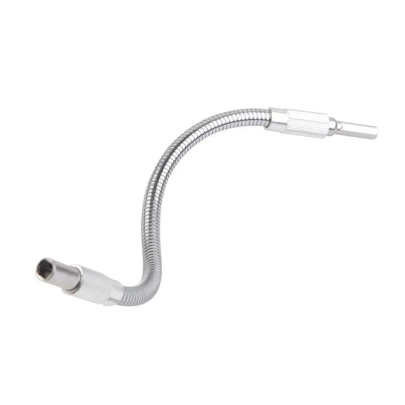 Silver metal flexible shaft for cordless drill with 6.35mm shank, shown coiled to demonstrate flexibility.
