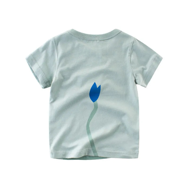 Boys' cotton T-shirt with a cool animal print, shown in sizes from 90cm to 140cm.