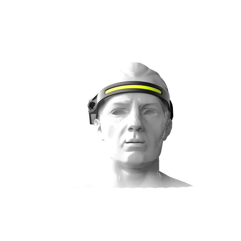 Black silicone USB rechargeable LED headlamp with wide beam and separate spotlight on adjustable strap.