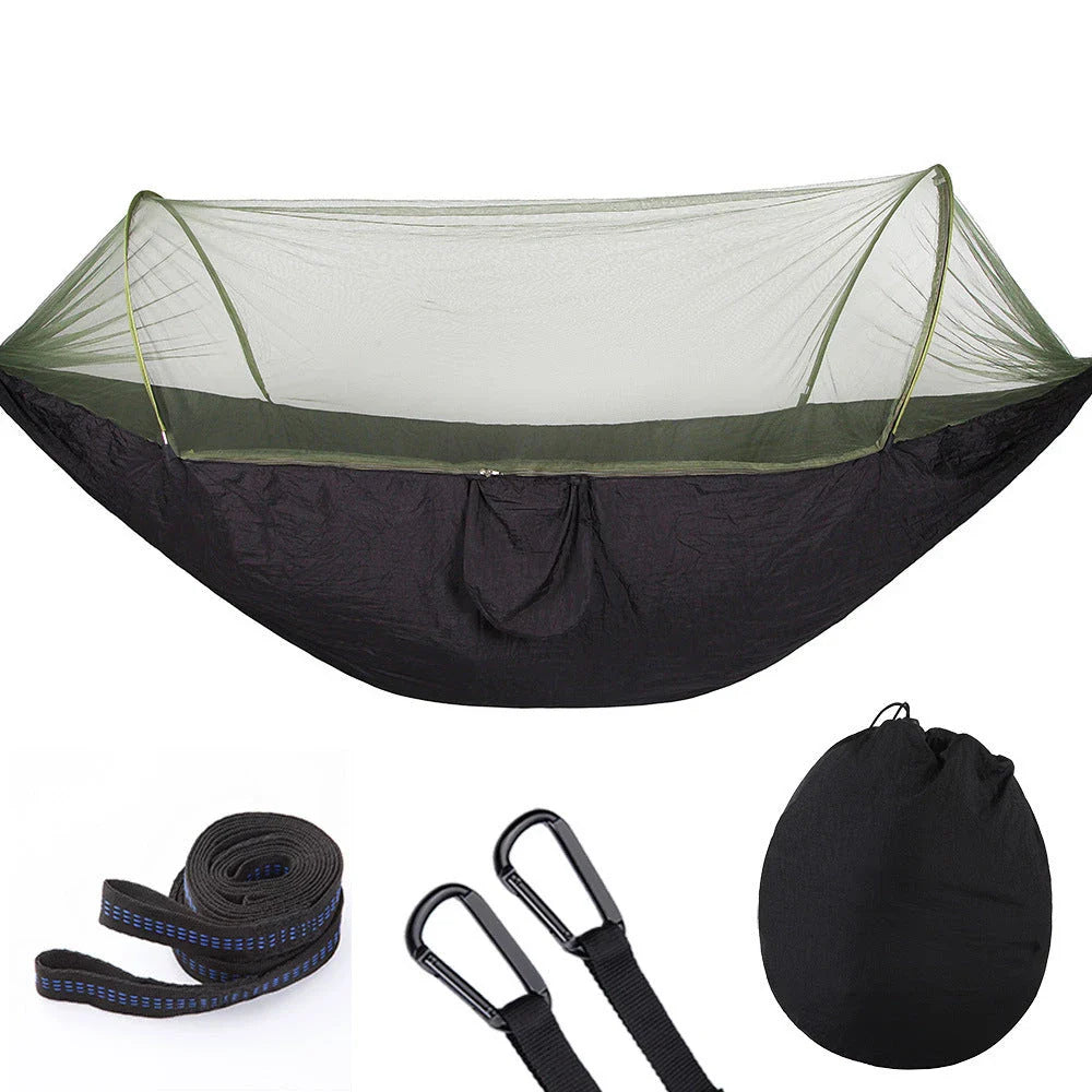 Premium 210T nylon outdoor hammock with mosquito net, featuring a quick pop-up design for easy setup and versatile use in various outdoor settings.