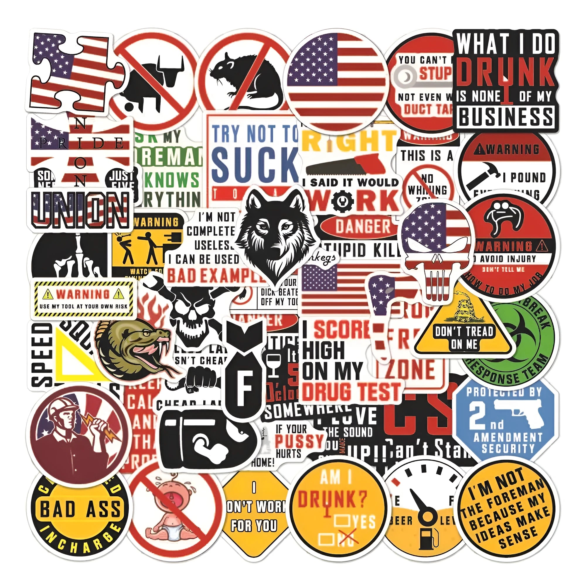 Pack of 50 waterproof PVC warning stickers for motorcycle helmets and skateboards.