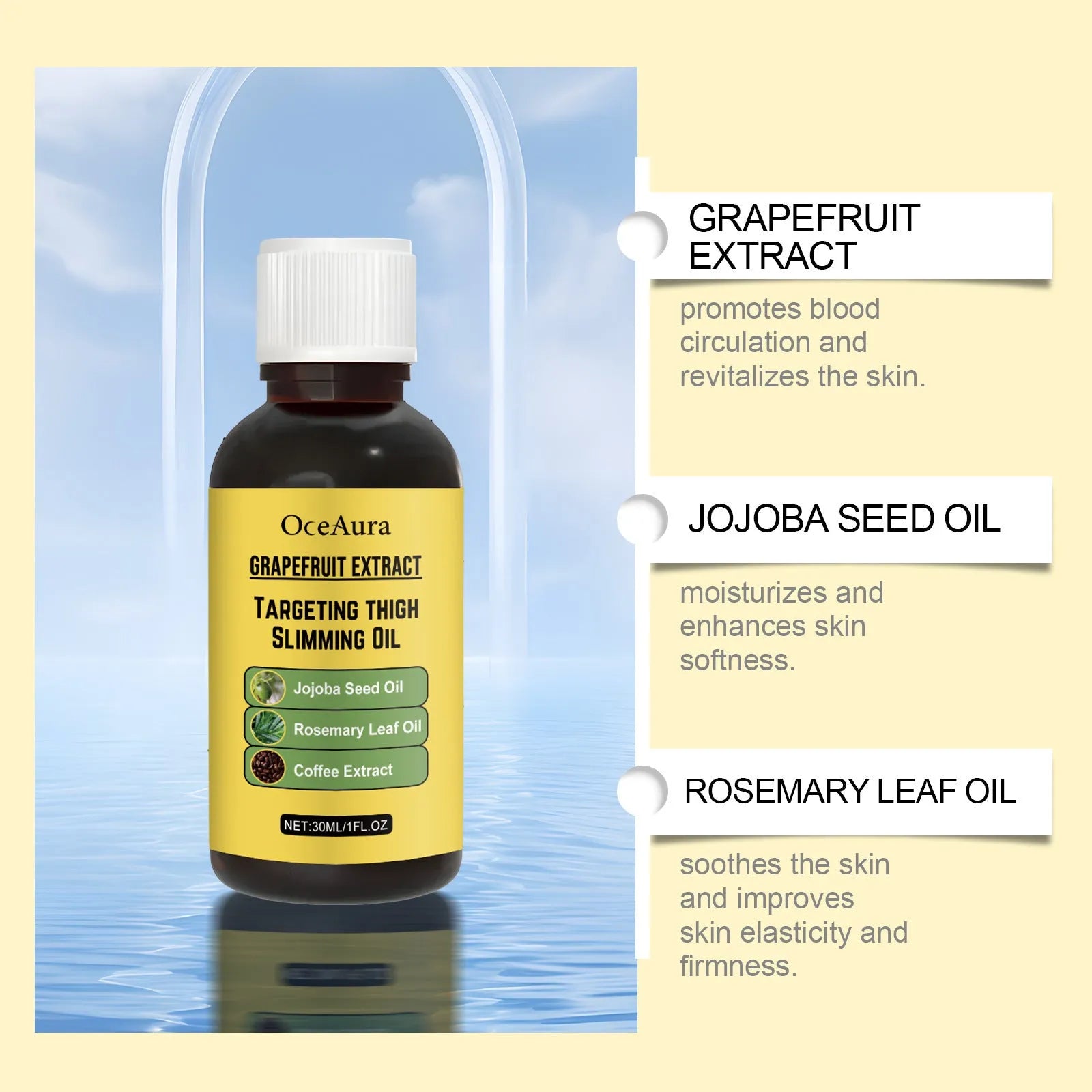 30ml bottle of body treatment oil with grapefruit, jojoba and rosemary oils