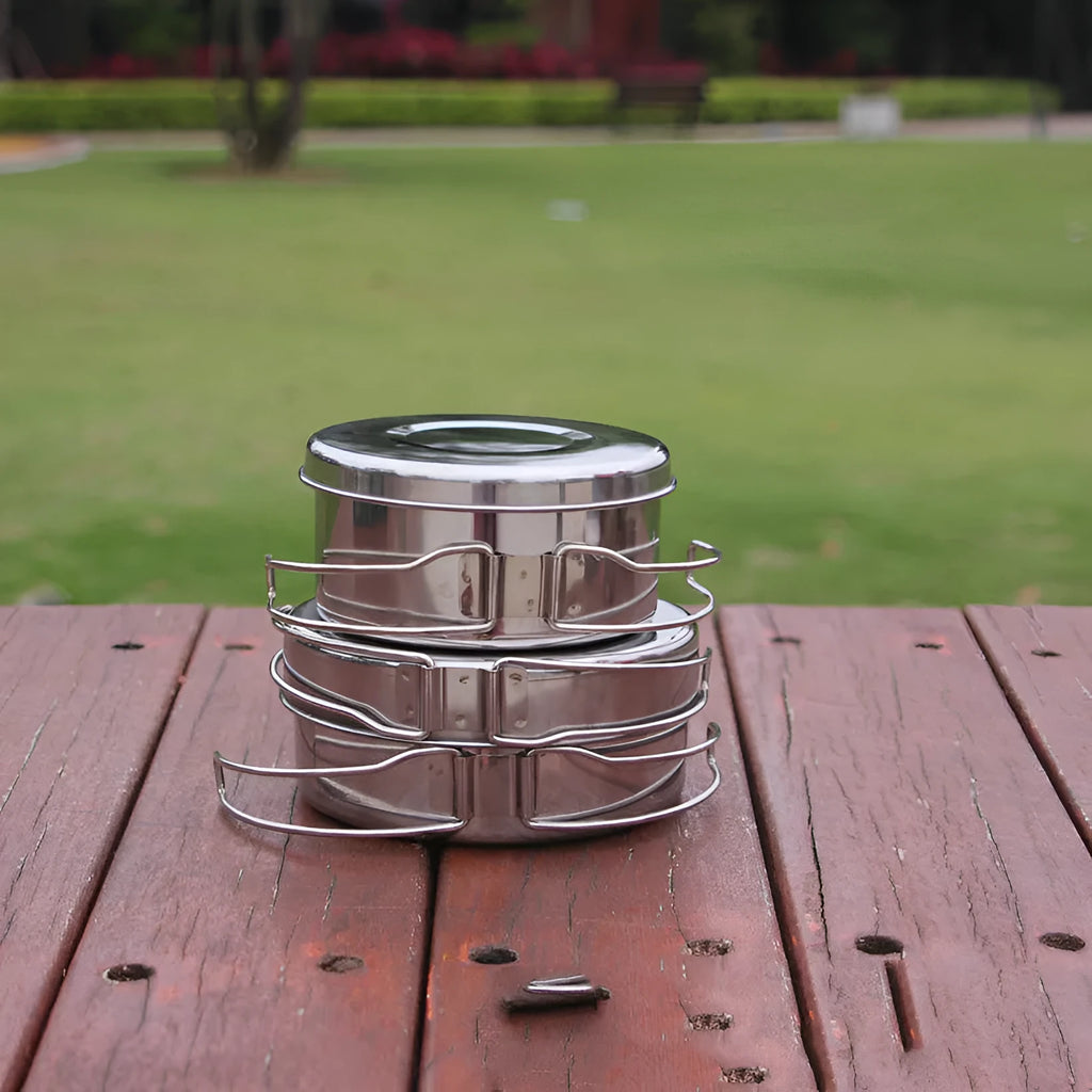 Silver stainless steel outdoor camping pot set with four pieces for 2-3 people