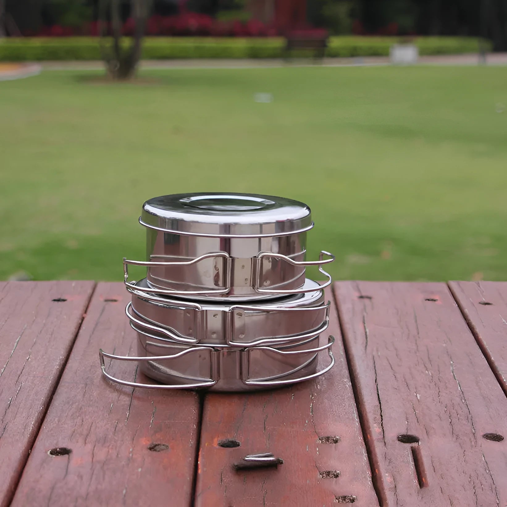 Silver stainless steel outdoor camping pot set with four pieces for 2-3 people