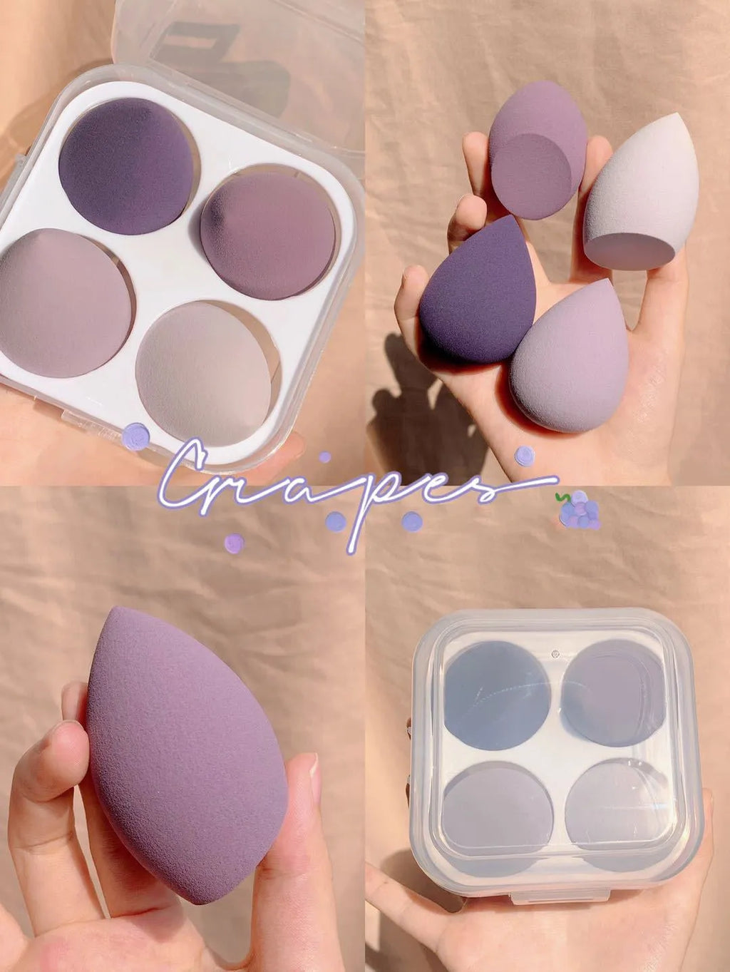 Set of four coloured makeup sponge eggs on a pink background