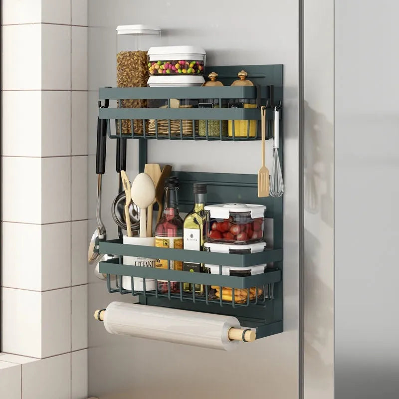 Magnetic refrigerator side storage rack in Black or Dark Green, punch-free, for plastic wrap, tissue, and seasoning, sizes L M S