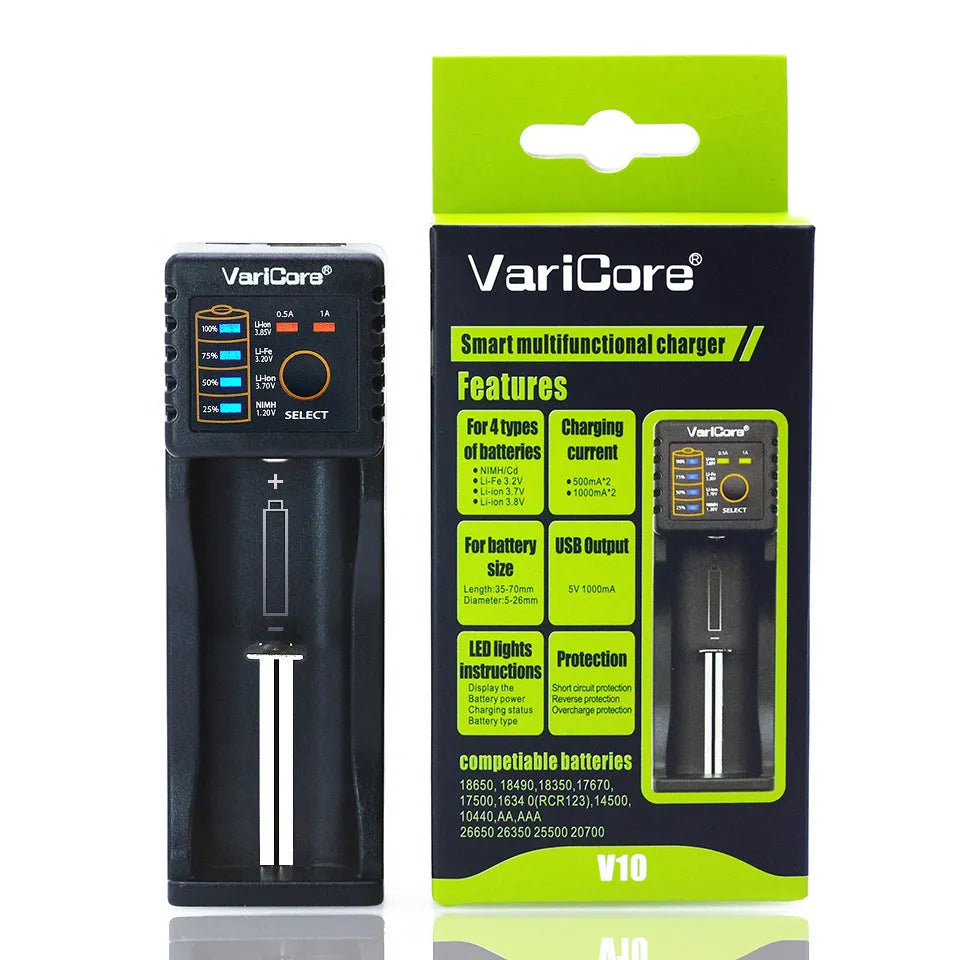 V10 universal battery charger for 18650, 26650, AA and AAA with USB boost output and LED indicator