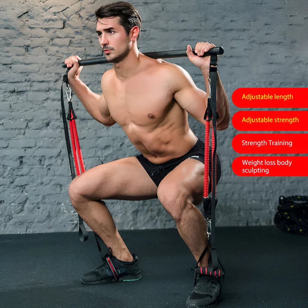 Body workout trainer bar with resistance bands and rubber buckles on a home gym floor
