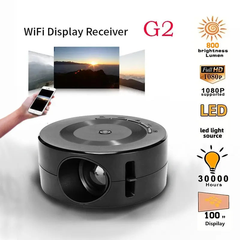 Black portable 1080p wired mobile projector with USB power cable on a surface